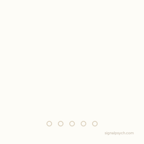 Animated countdown from 5 to 1. Name five things you see, four you feel, three you hear, two you smell, and one you taste, each shown for four seconds with a simple icon and a row of dots that fill in, repeating every twenty seconds